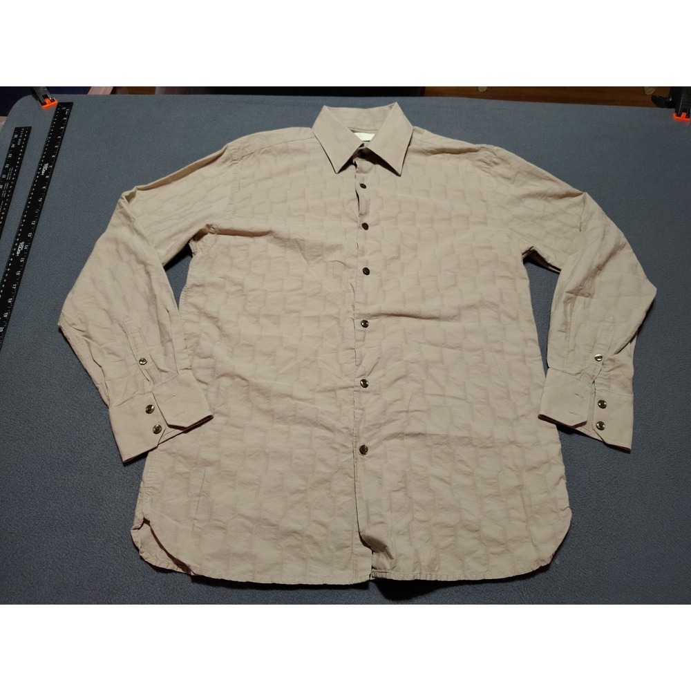 Perry Ellis Shirt Men M Taupe Scalloped Pattern Long Sleeve Cotton Designer